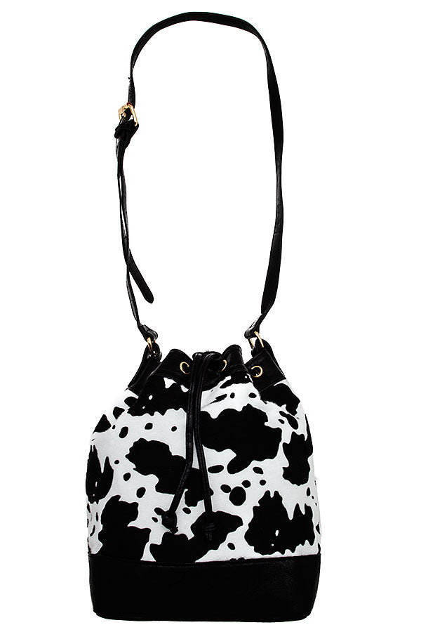 Women Cow Print Drawstrings Shoulder Bag Black and Brown