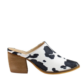 Womens Stacked Heel Snake and Cow Print Pointed Toe Slip-on Mule